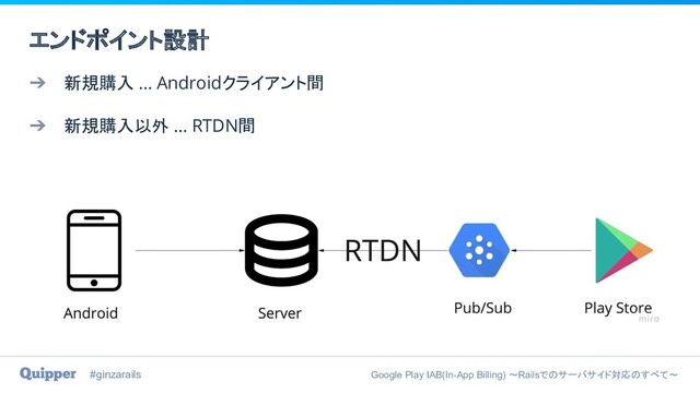 #ginzarails Google Play IAB(In-App Billing) 〜Railsでのサーバサイド対応のすべて〜
➔ 新規購入 … Androidクライアント間
➔ 新規購入以外 … RTDN間
エンドポイント設計
