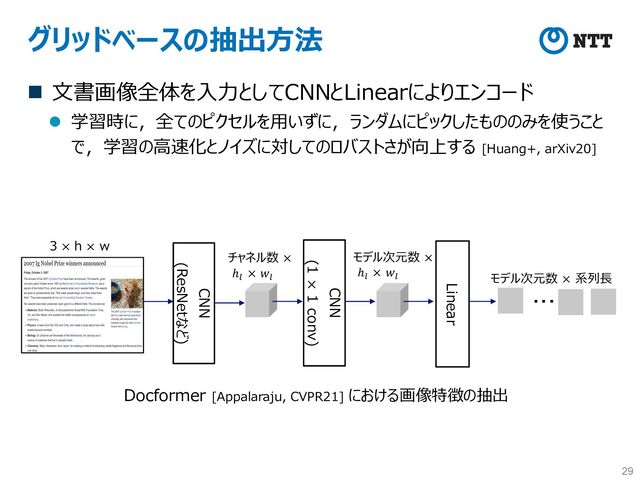 グリッドベースの抽出⽅法
n ⽂書画像全体を⼊⼒としてCNNとLinearによりエンコード
l 学習時に，全てのピクセルを⽤いずに，ランダムにピックしたもののみを使うこと
で，学習の⾼速化とノイズに対してのロバストさが向上する [Huang+, arXiv20]
29
CNN
(ResNetなど)
3 × h × w
チャネル数 ×
ℎ)
× 𝑤)
CNN
(1 × 1 conv)
モデル次元数 ×
ℎ)
× 𝑤)
Linear
・・・
モデル次元数 × 系列⻑
Docformer [Appalaraju, CVPR21] における画像特徴の抽出
