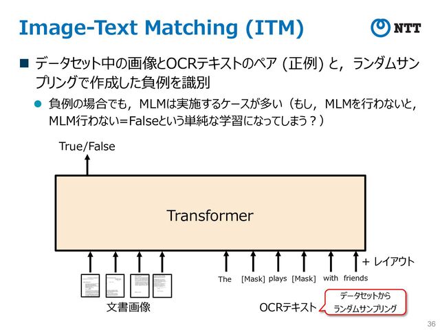 Image-Text Matching (ITM)
n データセット中の画像とOCRテキストのペア (正例) と，ランダムサン
プリングで作成した負例を識別
l 負例の場合でも，MLMは実施するケースが多い（もし，MLMを⾏わないと，
MLM⾏わない=Falseという単純な学習になってしまう︖）
36
Transformer
⽂書画像 OCRテキスト
+ レイアウト
[Mask]
[Mask]
The plays with friends
True/False
データセットから
ランダムサンプリング
