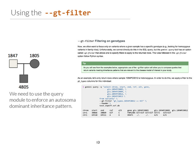 Using the -­‐-­‐gt-­‐filter
We need to use the query
module to enforce an autosomal
dominant inheritance pattern.
	

13
