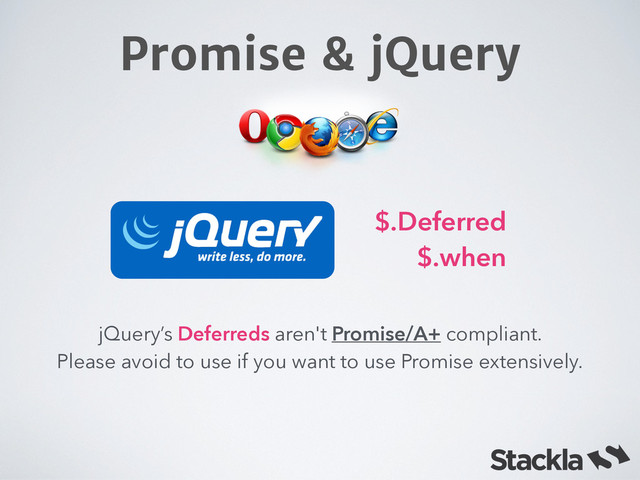 Promise & jQuery
jQuery’s Deferreds aren't Promise/A+ compliant.  
Please avoid to use if you want to use Promise extensively.
$.Deferred
$.when
