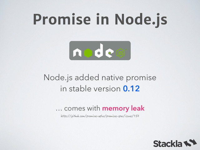 Promise in Node.js
Node.js added native promise
in stable version 0.12
JVVRUIKVJWDEQORTQOKUGUCRNWURTQOKUGUURGEKUUWGU
… comes with memory leak
