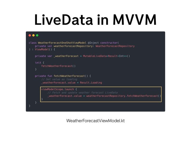 LiveData in MVVM
WeatherForecastViewModel.kt
