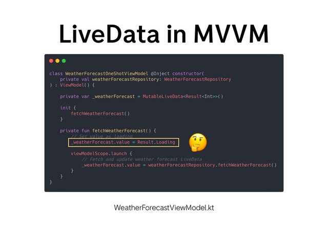LiveData in MVVM
WeatherForecastViewModel.kt
