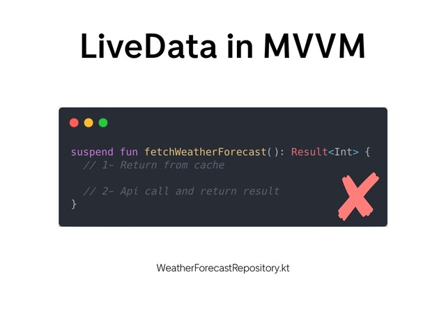 LiveData in MVVM
WeatherForecastRepository.kt
