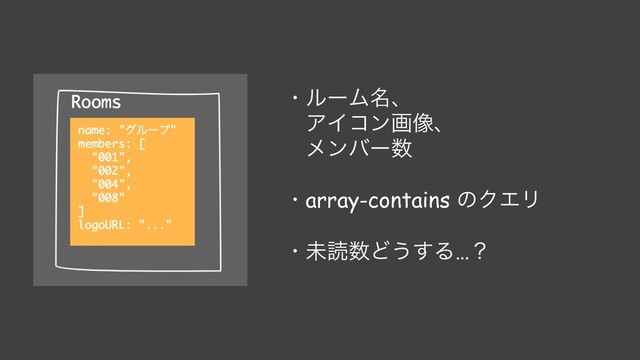 ɾϧʔϜ໊ɺ
ΞΠίϯը૾ɺ
ϝϯόʔ਺
ɾarray-contains ͷΫΤϦ
ɾະಡ਺Ͳ͏͢Δ…ʁ
