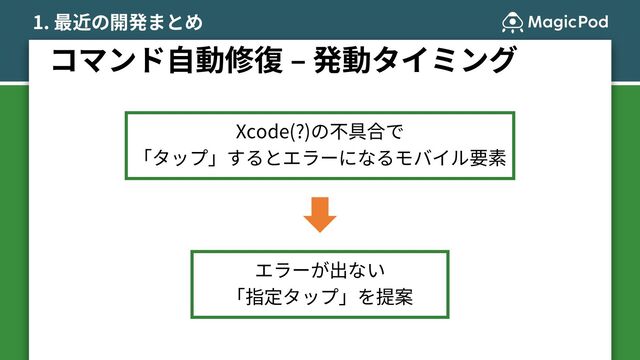 コマンド⾃動修復 ‒ 発動タイミング
Xcode(?)の不具合で
「タップ」するとエラーになるモバイル要素
1. 最近の開発まとめ
エラーが出ない
「指定タップ」を提案
