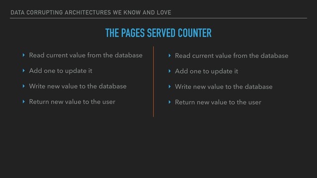 DATA CORRUPTING ARCHITECTURES WE KNOW AND LOVE
THE PAGES SERVED COUNTER
‣ Read current value from the database
‣ Add one to update it
‣ Write new value to the database
‣ Return new value to the user
‣ Read current value from the database
‣ Add one to update it
‣ Write new value to the database
‣ Return new value to the user
