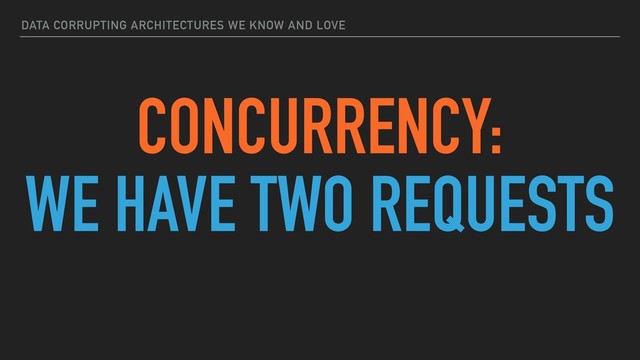 DATA CORRUPTING ARCHITECTURES WE KNOW AND LOVE
CONCURRENCY:
WE HAVE TWO REQUESTS
