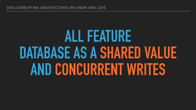 DATA CORRUPTING ARCHITECTURES WE KNOW AND LOVE
ALL FEATURE
DATABASE AS A SHARED VALUE
AND CONCURRENT WRITES
