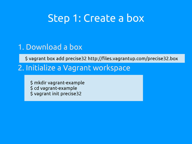 Step 1: Create a box
1. Download a box
2. Initialize a Vagrant workspace
$ mkdir vagrant-example
$ cd vagrant-example
$ vagrant init precise32
$ vagrant box add precise32 http://files.vagrantup.com/precise32.box

