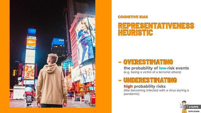 - OVERESTIMATING
the probability of low-risk events
(e.g. being a victim of a terrorist attack)
- UNDERESTIMATING
high probability risks
(like becoming infected with a virus during a
pandemic)
REPRESENTATIVENESS
HEURISTIC
COGNITIVE BIAS
@TAPPS
!
WTF
2020?
TAPPS.DESIGN
