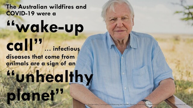 The Australian wildfires and
COVID-19 were a
 
“wake-up
call” … infectious
diseases that come from
animals are a sign of an
“unhealthy
planet”
Source: https://www.globalcitizen.org/en/content/shocking-facts-david-attenborough-netflix-film/| Photo courtesy of Netflix

