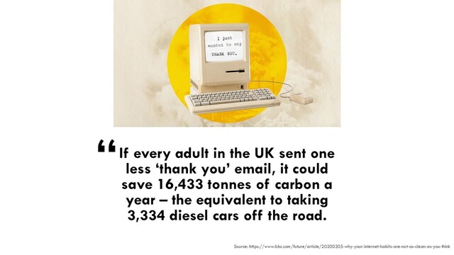 If every adult in the UK sent one
less ‘thank you’ email, it could
save 16,433 tonnes of carbon a
year – the equivalent to taking
3,334 diesel cars off the road.
Source: https://www.bbc.com/future/article/20200305-why-your-internet-habits-are-not-as-clean-as-you-think
“
