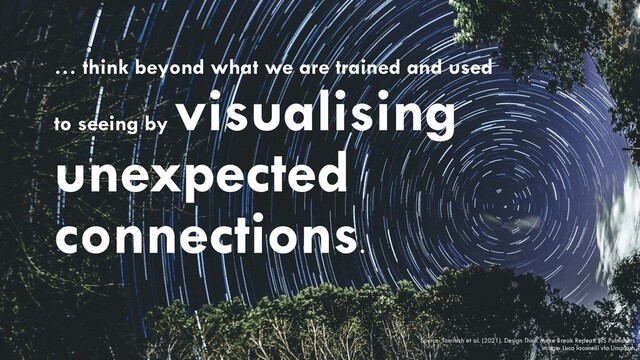 Source: Tomitsch et al. (2021). Design Think Make Break Repeat. BIS Publishers


Image: Luca Iaconelli via Unsplash
… think beyond what we are trained and used
to seeing by
visualising
unexpected
connections.
