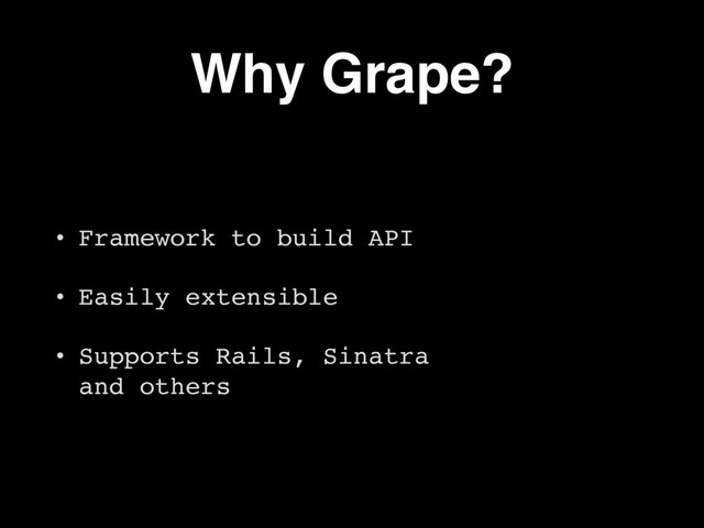 Why Grape?
• Framework to build API
• Easily extensible
• Supports Rails, Sinatra  
and others
