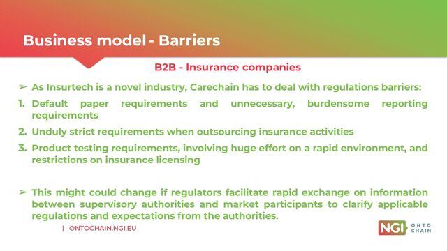 | ONTOCHAIN.NGI.EU
Business model - Barriers
B2B - Insurance companies
➢ As Insurtech is a novel industry, Carechain has to deal with regulations barriers:
1. Default paper requirements and unnecessary, burdensome reporting
requirements
2. Unduly strict requirements when outsourcing insurance activities
3. Product testing requirements, involving huge effort on a rapid environment, and
restrictions on insurance licensing
➢ This might could change if regulators facilitate rapid exchange on information
between supervisory authorities and market participants to clarify applicable
regulations and expectations from the authorities.
