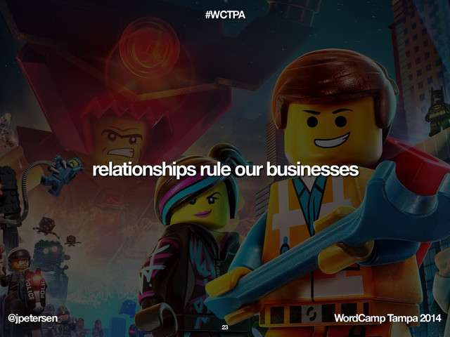 @jpetersen WordCamp Tampa 2014
#WCTPA
relationships rule our businesses
23
