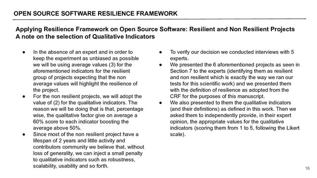 OPEN SOURCE SOFTWARE RESILIENCE FRAMEWORK
16
Applying Resilience Framework on Open Source Software: Resilient and Non Resilient Projects
A note on the selection of Qualitative Indicators
● In the absence of an expert and in order to
keep the experiment as unbiased as possible
we will be using average values (3) for the
aforementioned indicators for the resilient
group of projects expecting that the non
average values will highlight the resilience of
the project.
● For the non resilient projects, we will adopt the
value of (2) for the qualitative indicators. The
reason we will be doing that is that, percentage
wise, the qualitative factor give on average a
60% score to each indicator boosting the
average above 50%.
● Since most of the non resilient project have a
lifespan of 2 years and little activity and
contributors community we believe that, without
loss of generality, we can inject a small penalty
to qualitative indicators such as robustness,
scalability, usability and so forth.
● To verify our decision we conducted interviews with 5
experts.
● We presented the 6 aforementioned projects as seen in
Section 7 to the experts (identifying them as resilient
and non resilient which is exactly the way we ran our
tests for this scientific work) and we presented them
with the definition of resilience as adopted from the
CRF for the purposes of this manuscript.
● We also presented to them the qualitative indicators
(and their definitions) as defined in this work. Then we
asked them to independently provide, in their expert
opinion, the appropriate values for the qualitative
indicators (scoring them from 1 to 5, following the Likert
scale).
