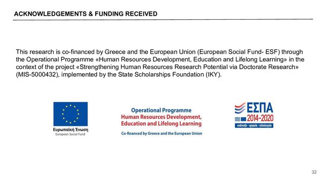 ACKNOWLEDGEMENTS & FUNDING RECEIVED
32
This research is co-financed by Greece and the European Union (European Social Fund- ESF) through
the Operational Programme «Human Resources Development, Education and Lifelong Learning» in the
context of the project «Strengthening Human Resources Research Potential via Doctorate Research»
(MIS-5000432), implemented by the State Scholarships Foundation (IKY).
