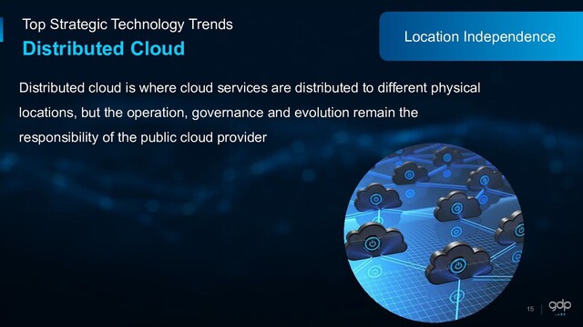 15
Top Strategic Technology Trends
Distributed Cloud
Distributed cloud is where cloud services are distributed to different physical
locations, but the operation, governance and evolution remain the
responsibility of the public cloud provider
Location Independence
