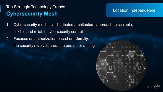 19
Top Strategic Technology Trends
Cybersecurity Mesh
1. Cybersecurity mesh is a distributed architectural approach to scalable,
flexible and reliable cybersecurity control
2. Focuses on authorization based on identity;
the security revolves around a person or a thing
Location Independence
