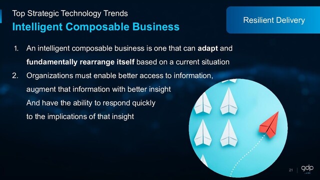 21
Top Strategic Technology Trends
Intelligent Composable Business
1. An intelligent composable business is one that can adapt and
fundamentally rearrange itself based on a current situation
2. Organizations must enable better access to information,
augment that information with better insight
And have the ability to respond quickly
to the implications of that insight
Resilient Delivery
