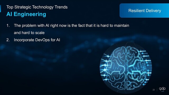 23
Top Strategic Technology Trends
AI Engineering
1. The problem with AI right now is the fact that it is hard to maintain
and hard to scale
2. Incorporate DevOps for AI
Resilient Delivery
