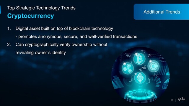 28
Top Strategic Technology Trends
Cryptocurrency
1. Digital asset built on top of blockchain technology
- promotes anonymous, secure, and well-verified transactions
2. Can cryptographically verify ownership without
revealing owner’s identity
Additional Trends
