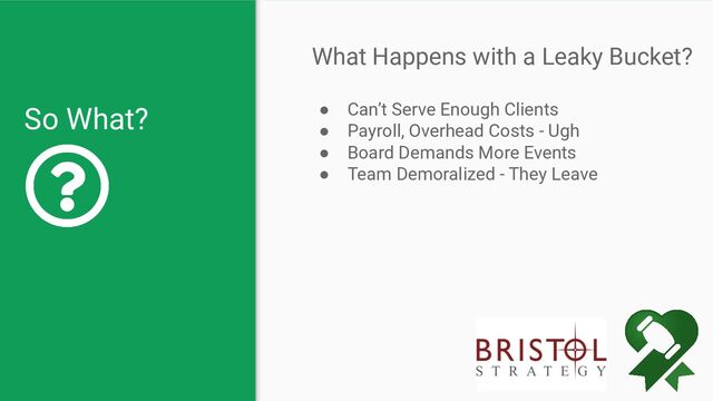 So What?
What Happens with a Leaky Bucket?
● Can’t Serve Enough Clients
● Payroll, Overhead Costs - Ugh
● Board Demands More Events
● Team Demoralized - They Leave
