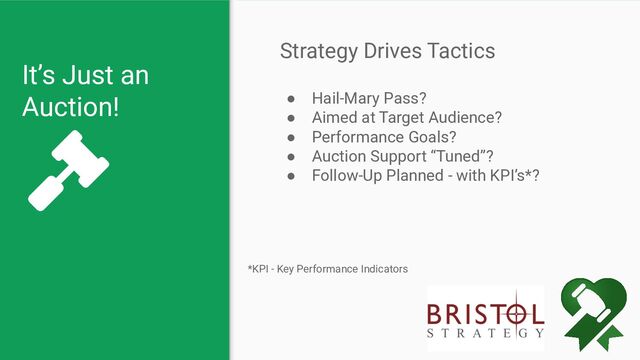 It’s Just an
Auction!
Strategy Drives Tactics
● Hail-Mary Pass?
● Aimed at Target Audience?
● Performance Goals?
● Auction Support “Tuned”?
● Follow-Up Planned - with KPI’s*?
*KPI - Key Performance Indicators
