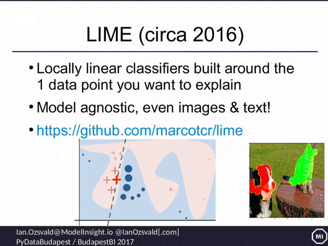 Ian.Ozsvald@ModelInsight.io @IanOzsvald[.com]
PyDataBudapest / BudapestBI 2017
LIME (circa 2016)
●
Locally linear classifiers built around the
1 data point you want to explain
●
Model agnostic, even images & text!
●
https://github.com/marcotcr/lime
