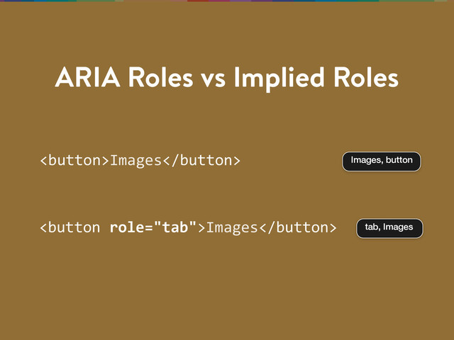 ARIA Roles vs Implied Roles
Images Images, button
Images tab, Images
