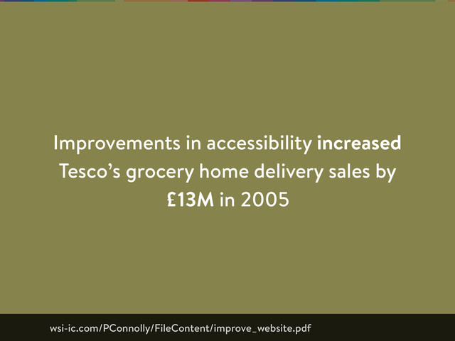 Improvements in accessibility increased
Tesco’s grocery home delivery sales by
£13M in 2005
wsi-ic.com/PConnolly/FileContent/improve_website.pdf
