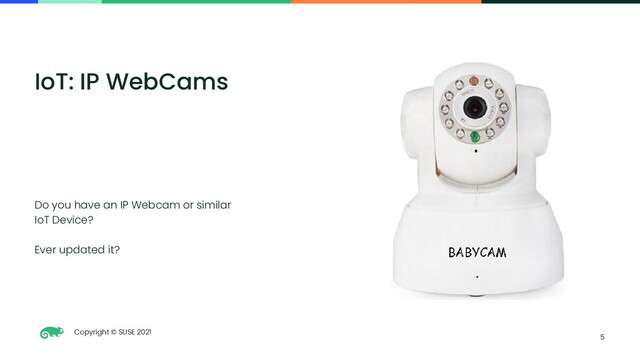Copyright © SUSE 2021
5
IoT: IP WebCams
Do you have an IP Webcam or similar
IoT Device?
Ever updated it?
