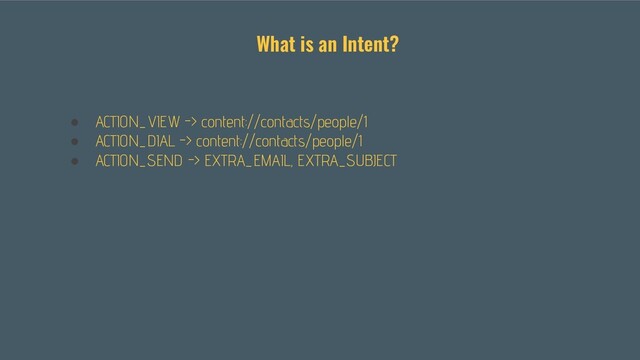 ● ACTION_VIEW -> content://contacts/people/1
● ACTION_DIAL -> content://contacts/people/1
● ACTION_SEND -> EXTRA_EMAIL, EXTRA_SUBJECT
What is an Intent?
