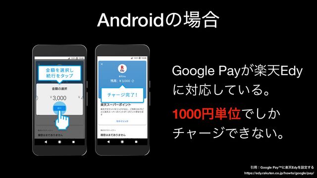 Google Payָ͕ఱEdy
ʹରԠ͍ͯ͠Δɻ
1000ԁ୯ҐͰ͔͠

νϟʔδͰ͖ͳ͍ɻ
Ҿ༻ɿGoogle Pay™ʹָఱEdyΛઃఆ͢Δ 
https://edy.rakuten.co.jp/howto/google/pay/
Androidͷ৔߹
