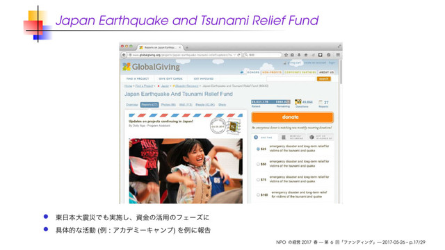 Japan Earthquake and Tsunami Relief Fund
( : )
NPO 2017 — 6 — 2017-05-26 – p.17/29
