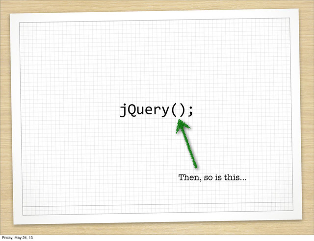 jQuery();
Then, so is this...
Friday, May 24, 13

