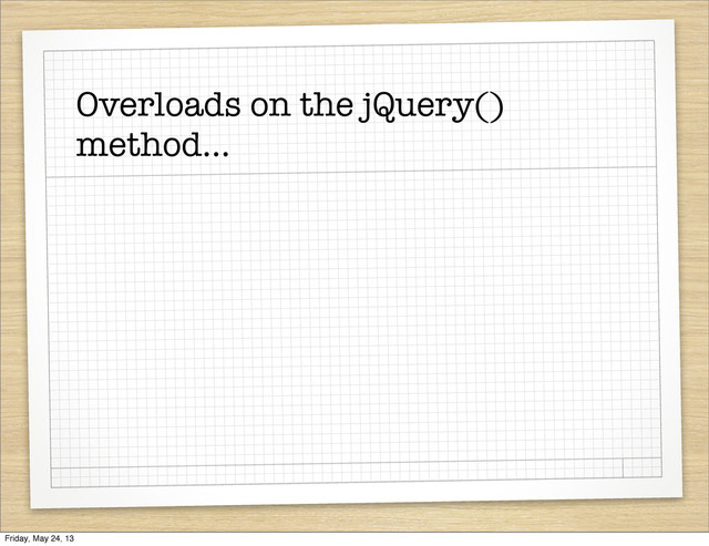 Overloads on the jQuery()
method...
Friday, May 24, 13
