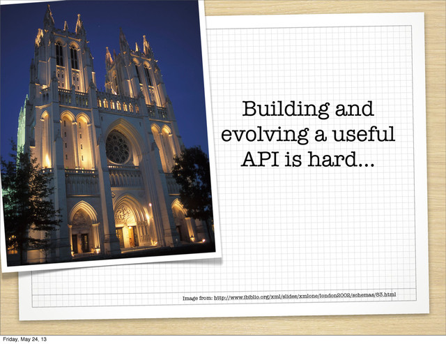 Building and
evolving a useful
API is hard...
Image from: http://www.ibiblio.org/xml/slides/xmlone/london2002/schemas/83.html
Friday, May 24, 13
