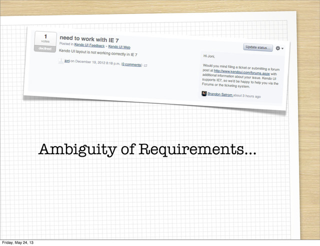 Ambiguity of Requirements...
Friday, May 24, 13
