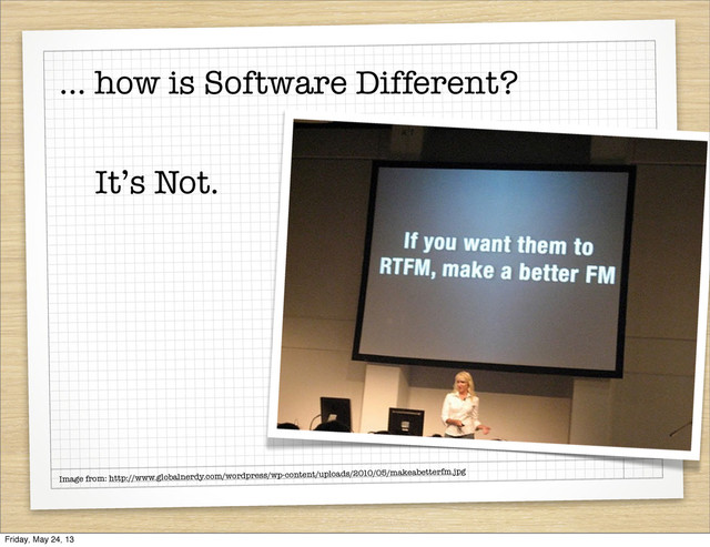 ... how is Software Different?
Image from: http://www.globalnerdy.com/wordpress/wp-content/uploads/2010/05/makeabetterfm.jpg
It’s Not.
Friday, May 24, 13
