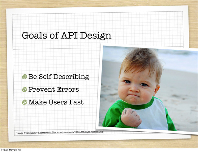 Goals of API Design
Be Self-Describing
Prevent Errors
Make Users Fast
Image from: http://elliottbrown.ﬁles.wordpress.com/2012/04/sandcastles.png
Friday, May 24, 13
