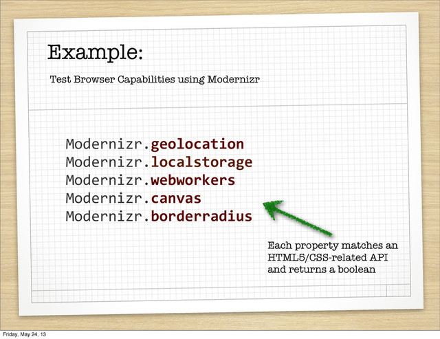 Example:
Modernizr.geolocation
Modernizr.localstorage
Modernizr.webworkers
Modernizr.canvas
Modernizr.borderradius
Test Browser Capabilities using Modernizr
Each property matches an
HTML5/CSS-related API
and returns a boolean
Friday, May 24, 13
