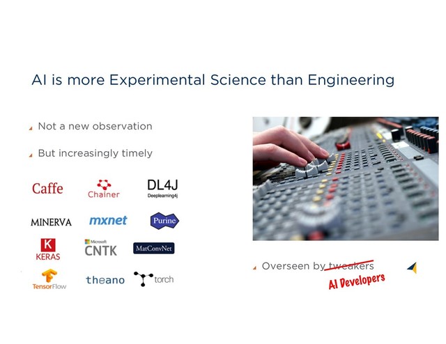 44
AI is more Experimental Science than Engineering
Not a new observation
But increasingly timely
Overseen by tweakers
