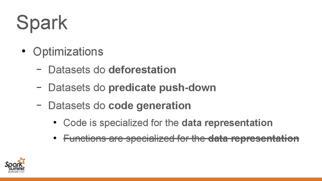Spark
●
Optimizations
– Datasets do deforestation
– Datasets do predicate push-down
– Datasets do code generation
●
Code is specialized for the data representation
●
Functions are specialized for the data representation
