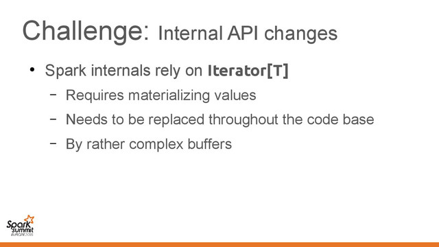 Challenge: Internal API changes
●
Spark internals rely on Iterator[T]
– Requires materializing values
– Needs to be replaced throughout the code base
– By rather complex buffers
