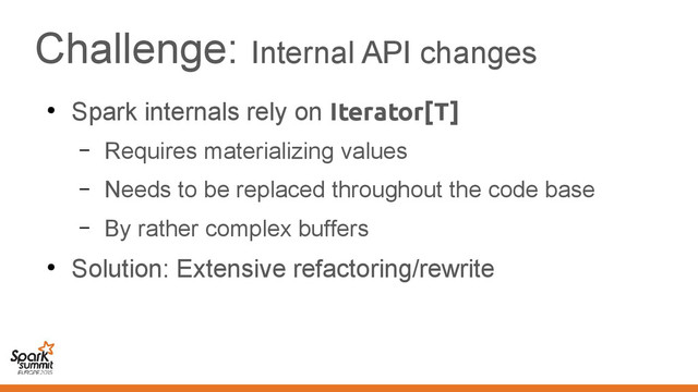 Challenge: Internal API changes
●
Spark internals rely on Iterator[T]
– Requires materializing values
– Needs to be replaced throughout the code base
– By rather complex buffers
●
Solution: Extensive refactoring/rewrite
