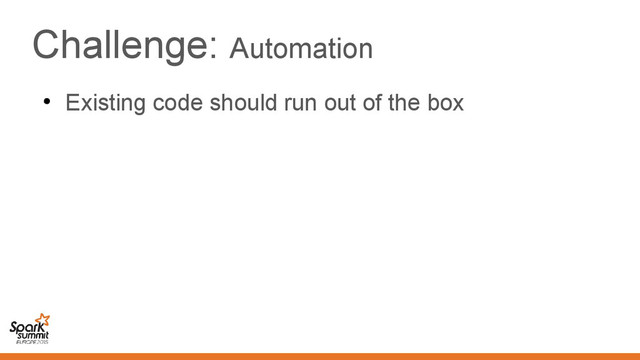 Challenge: Automation
●
Existing code should run out of the box
